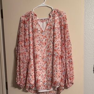Elegant Floral V-Neck Blouse - Pink and White